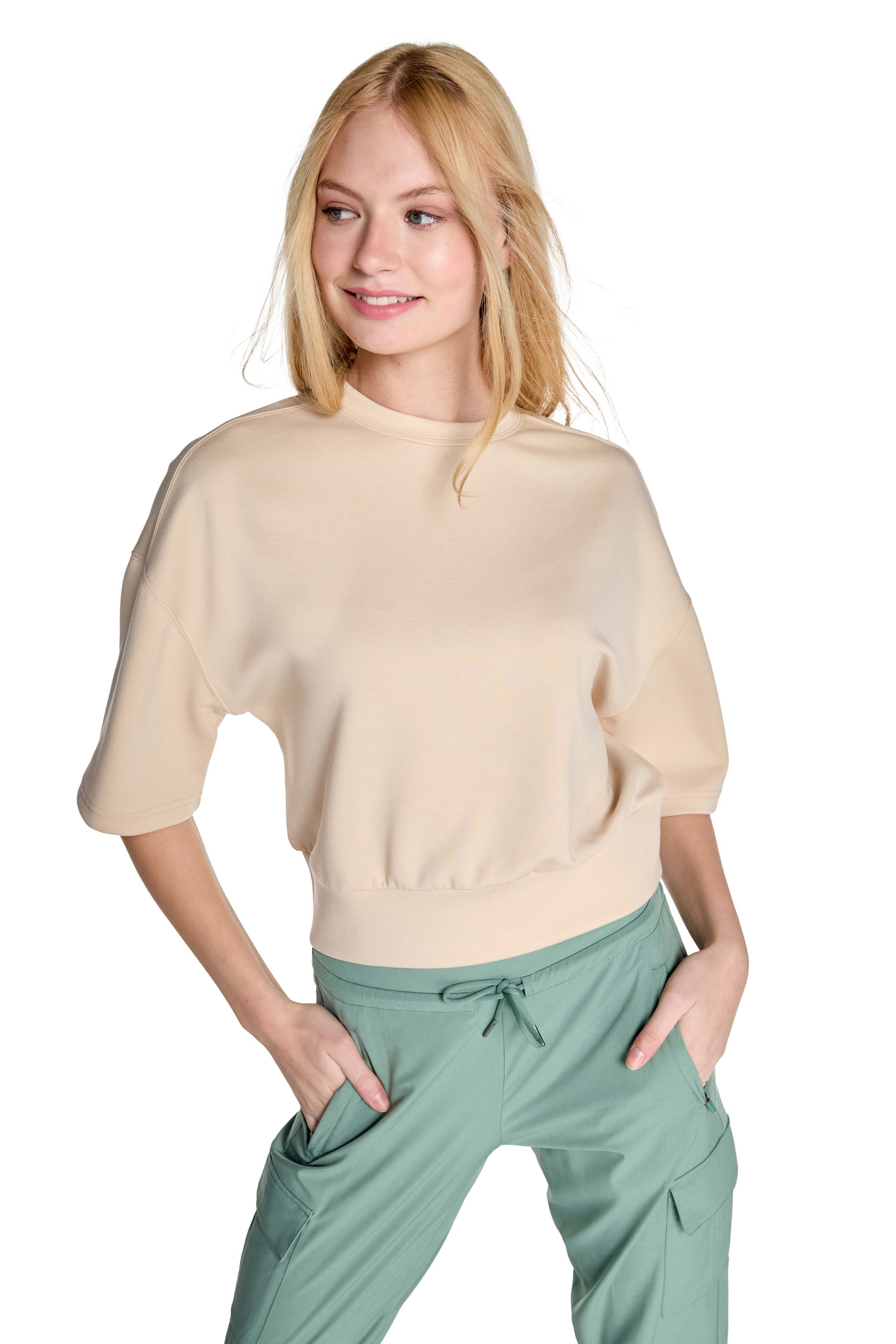 Stretch Knit Crew Neck Short Sleeve Top