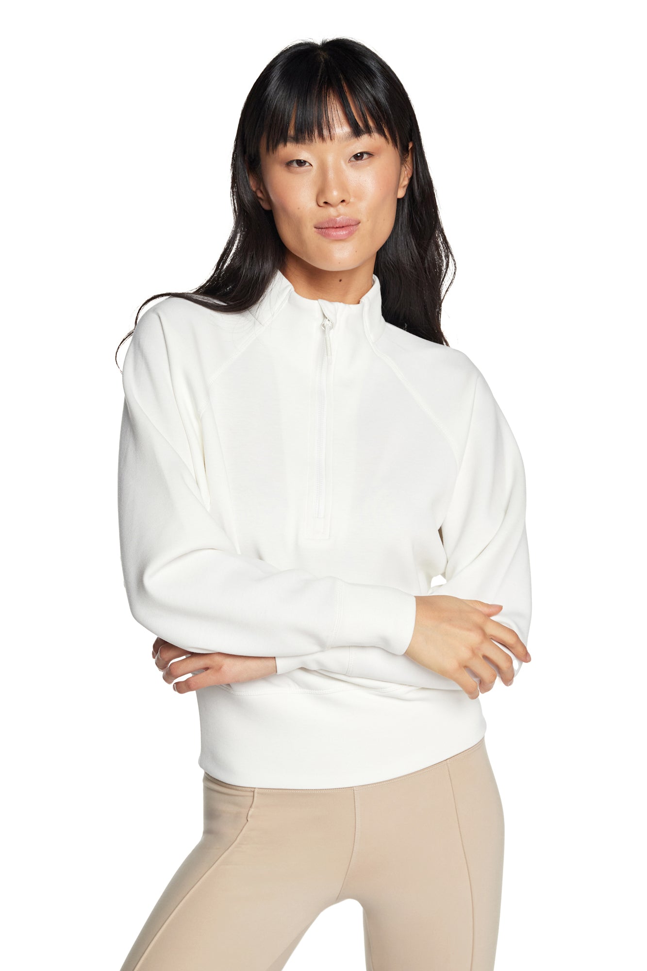 Stretch Knit Mock Neck Half-Zip Long Sleeve Top