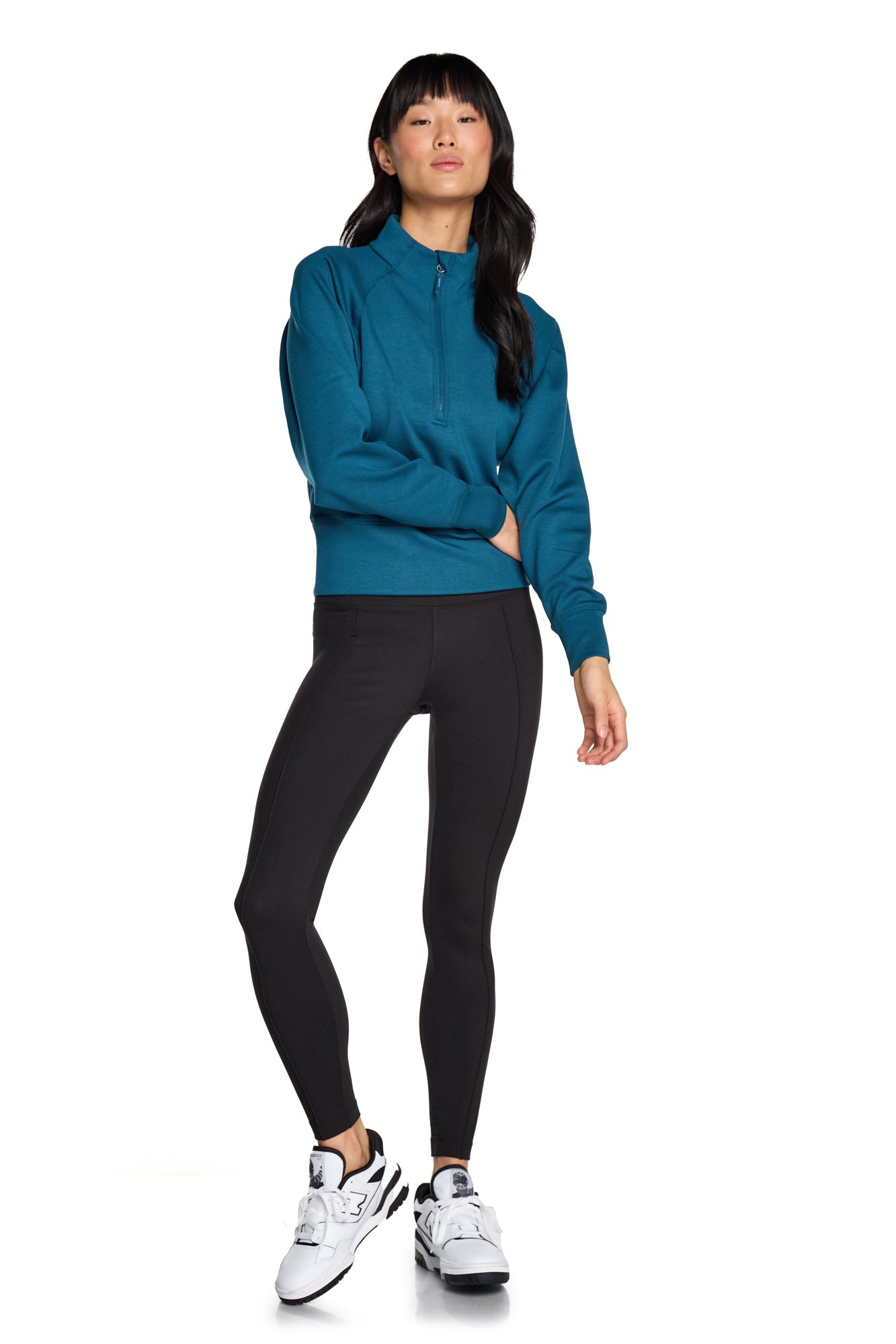 Stretch Knit Mock Neck Half-Zip Long Sleeve Top