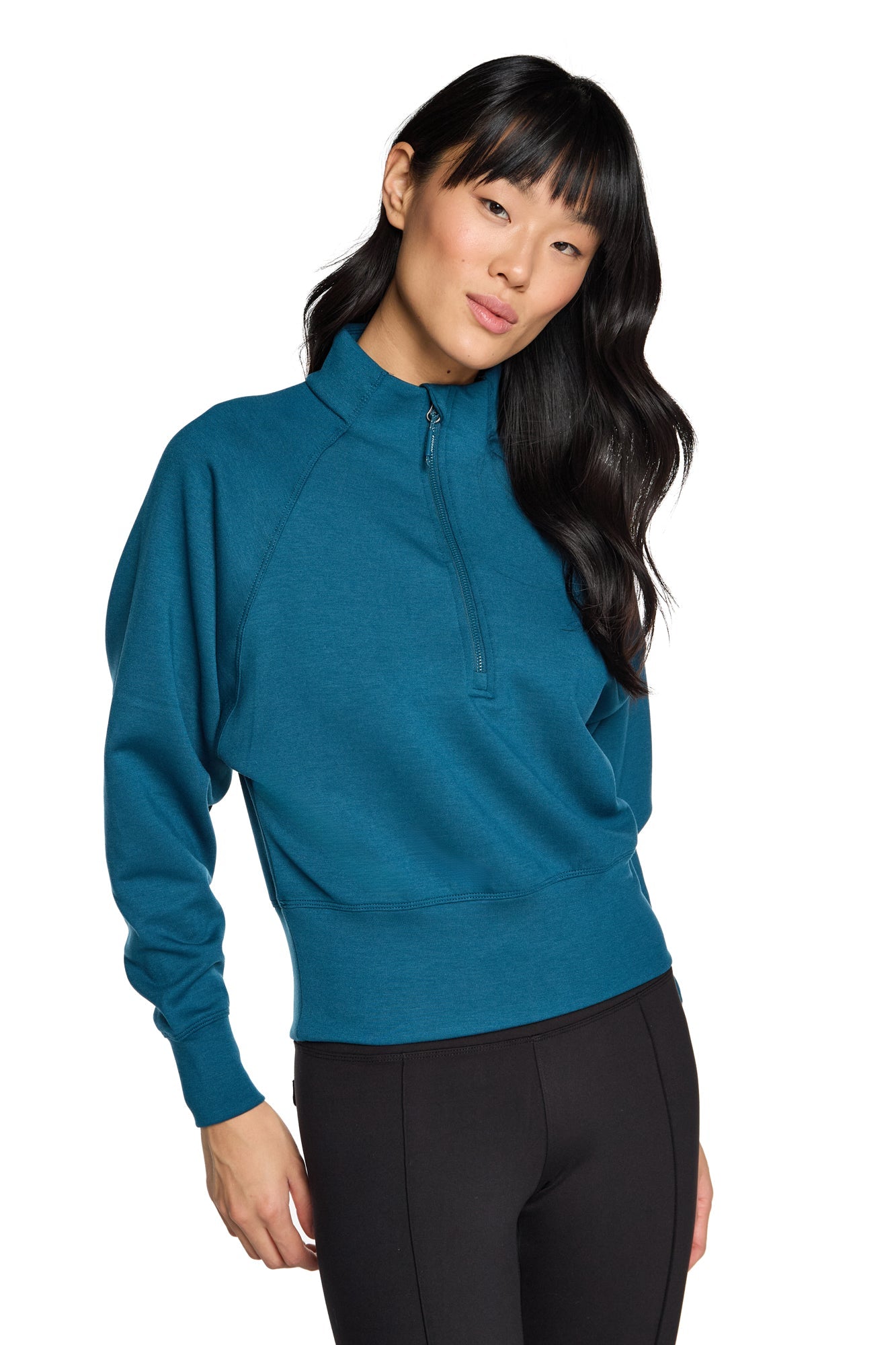 Stretch Knit Mock Neck Half-Zip Long Sleeve Top