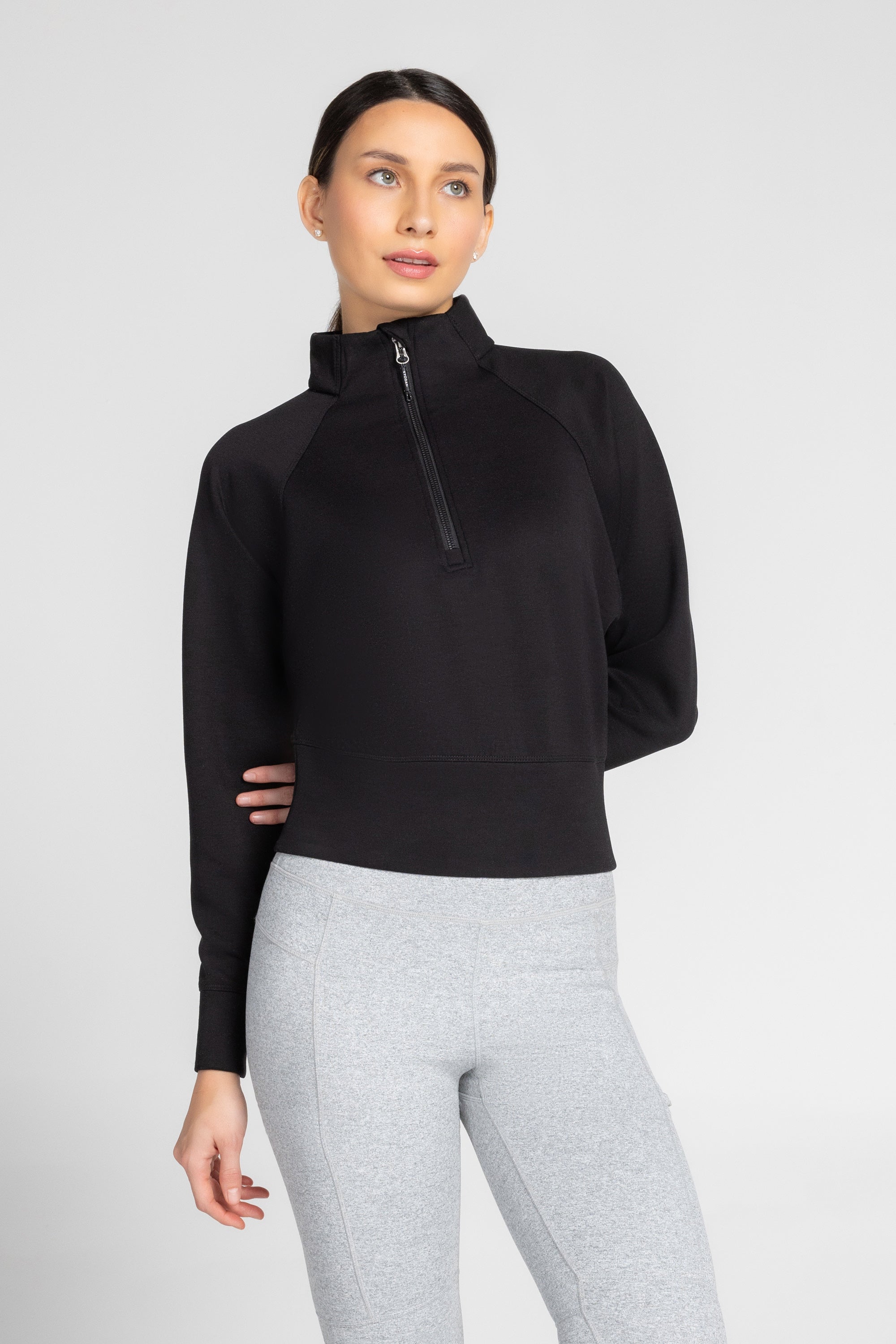 Stretch Knit Mock Neck Half-Zip Long Sleeve Top