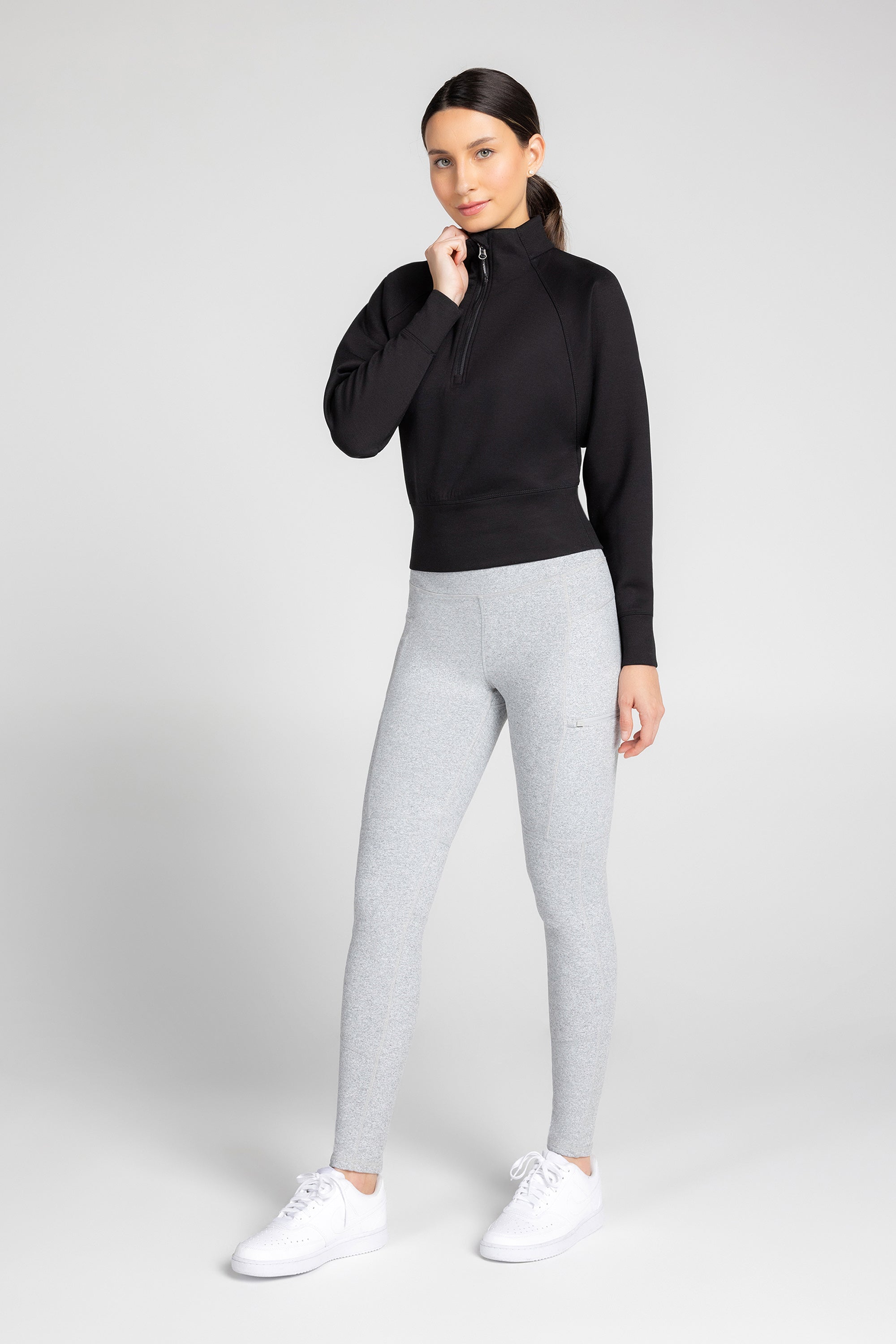 Stretch Knit Mock Neck Half-Zip Long Sleeve Top