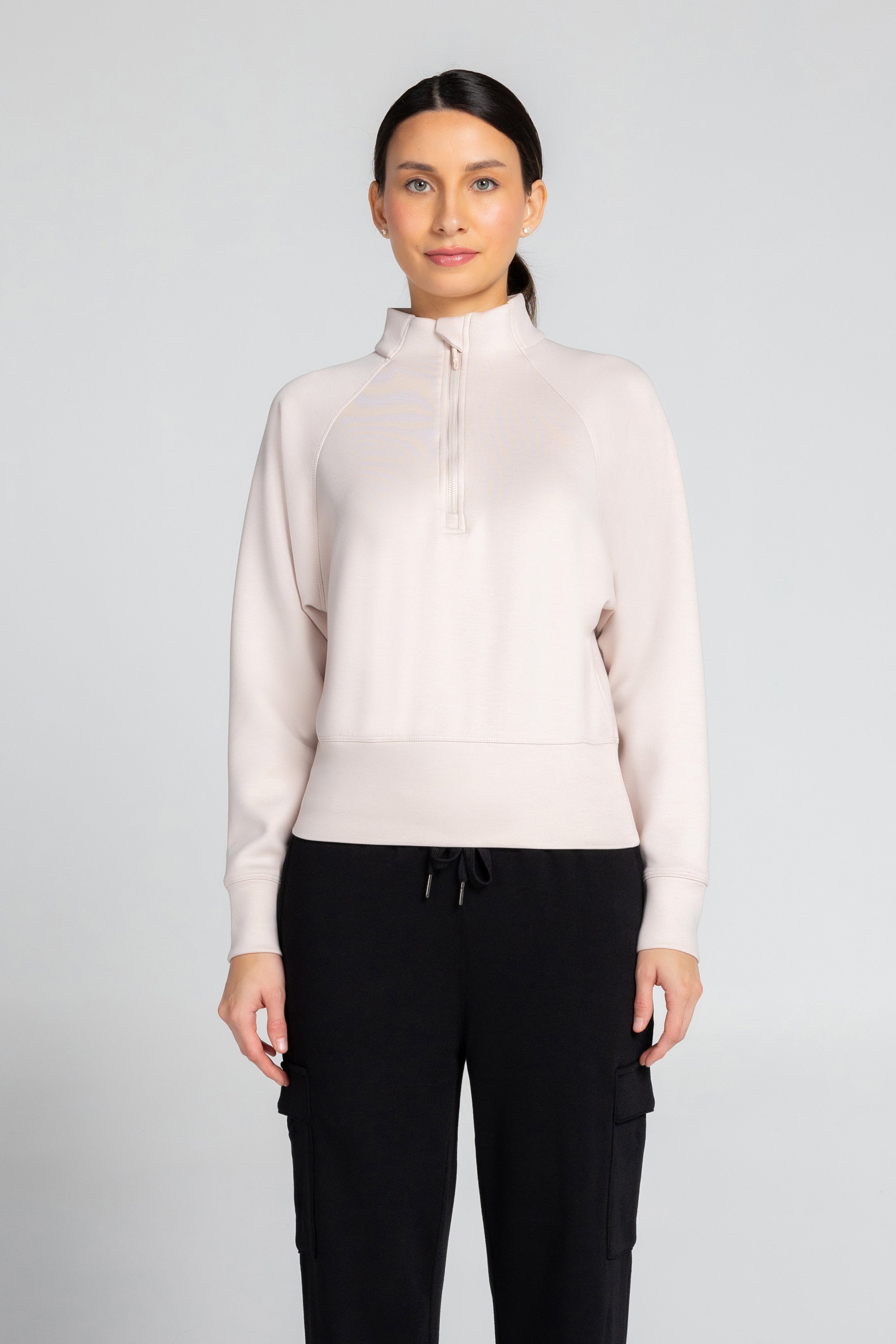 Stretch Knit Mock Neck Half-Zip Long Sleeve Top