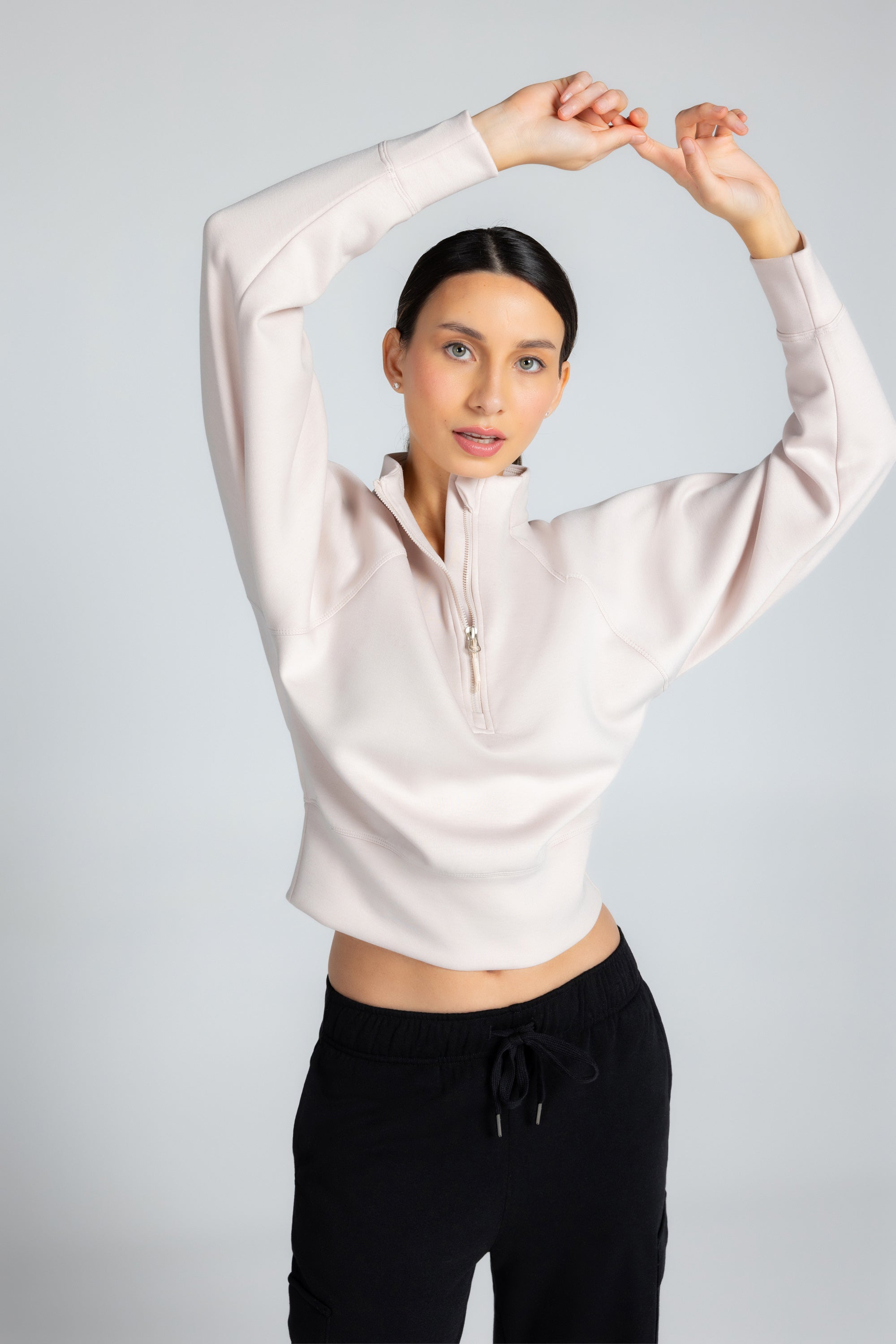 Stretch Knit Mock Neck Half-Zip Long Sleeve Top