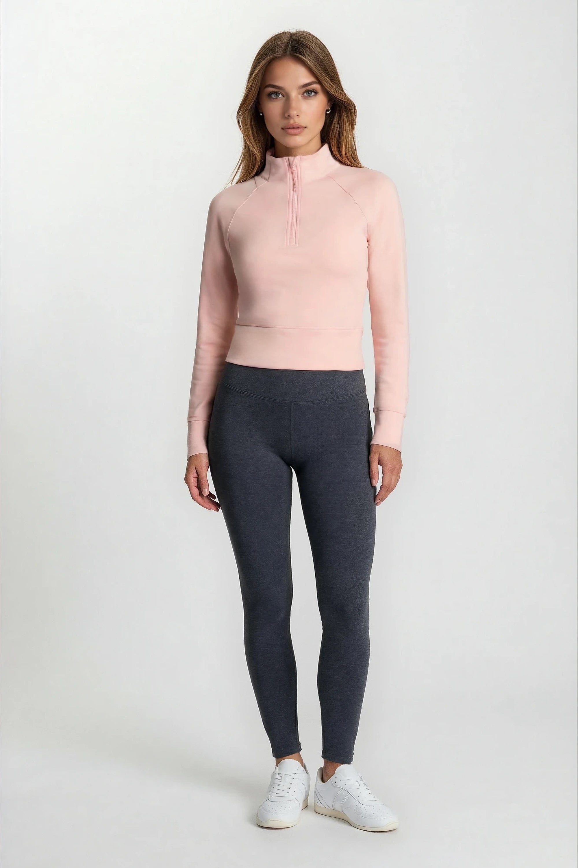 Stretch Knit Mock Neck Half-Zip Long Sleeve Top