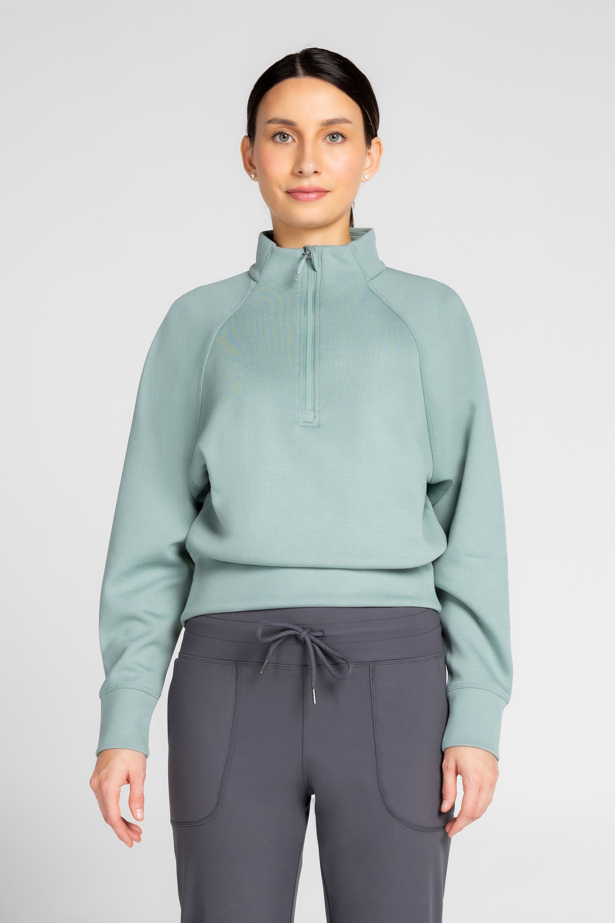 Stretch Knit Mock Neck Half-Zip Long Sleeve Top
