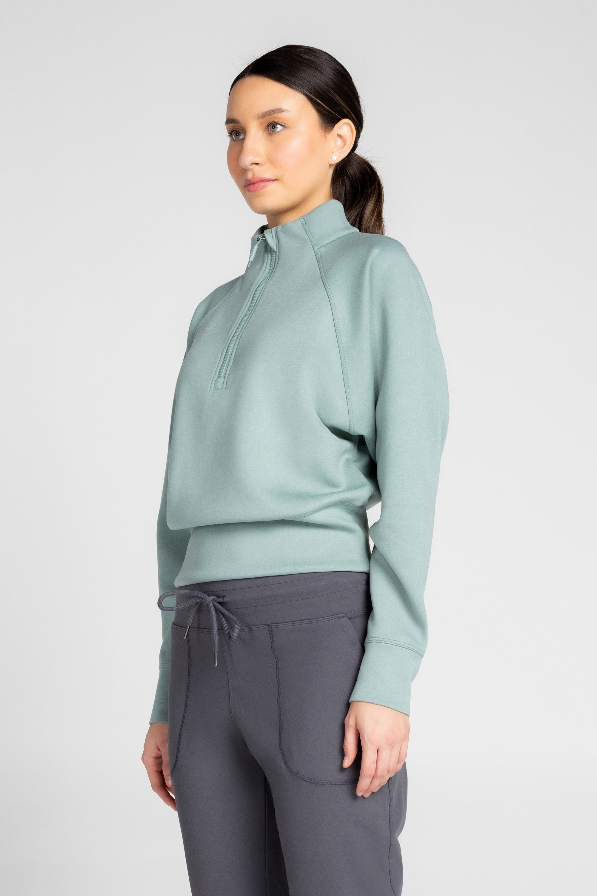 Stretch Knit Mock Neck Half-Zip Long Sleeve Top