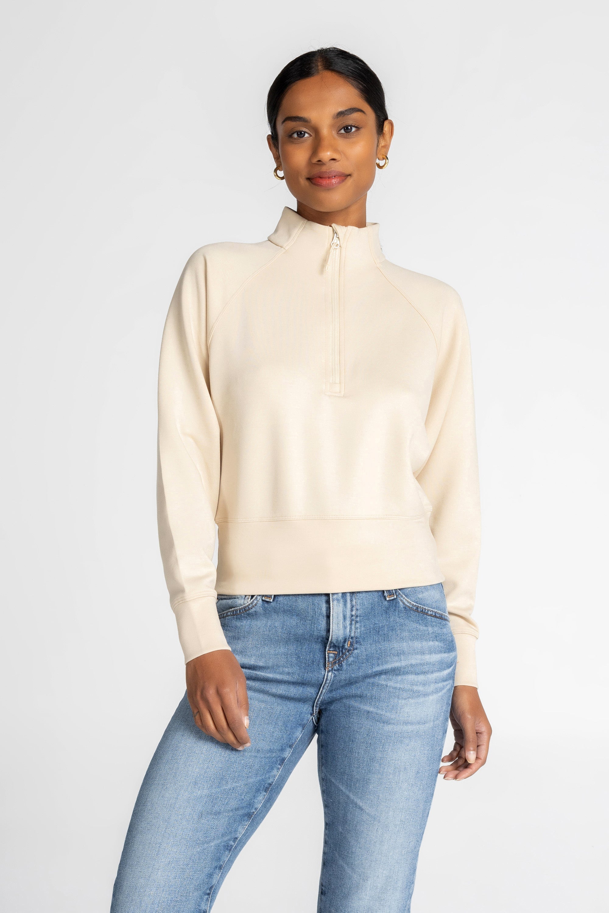 Stretch Knit Mock Neck Half-Zip Long Sleeve Top