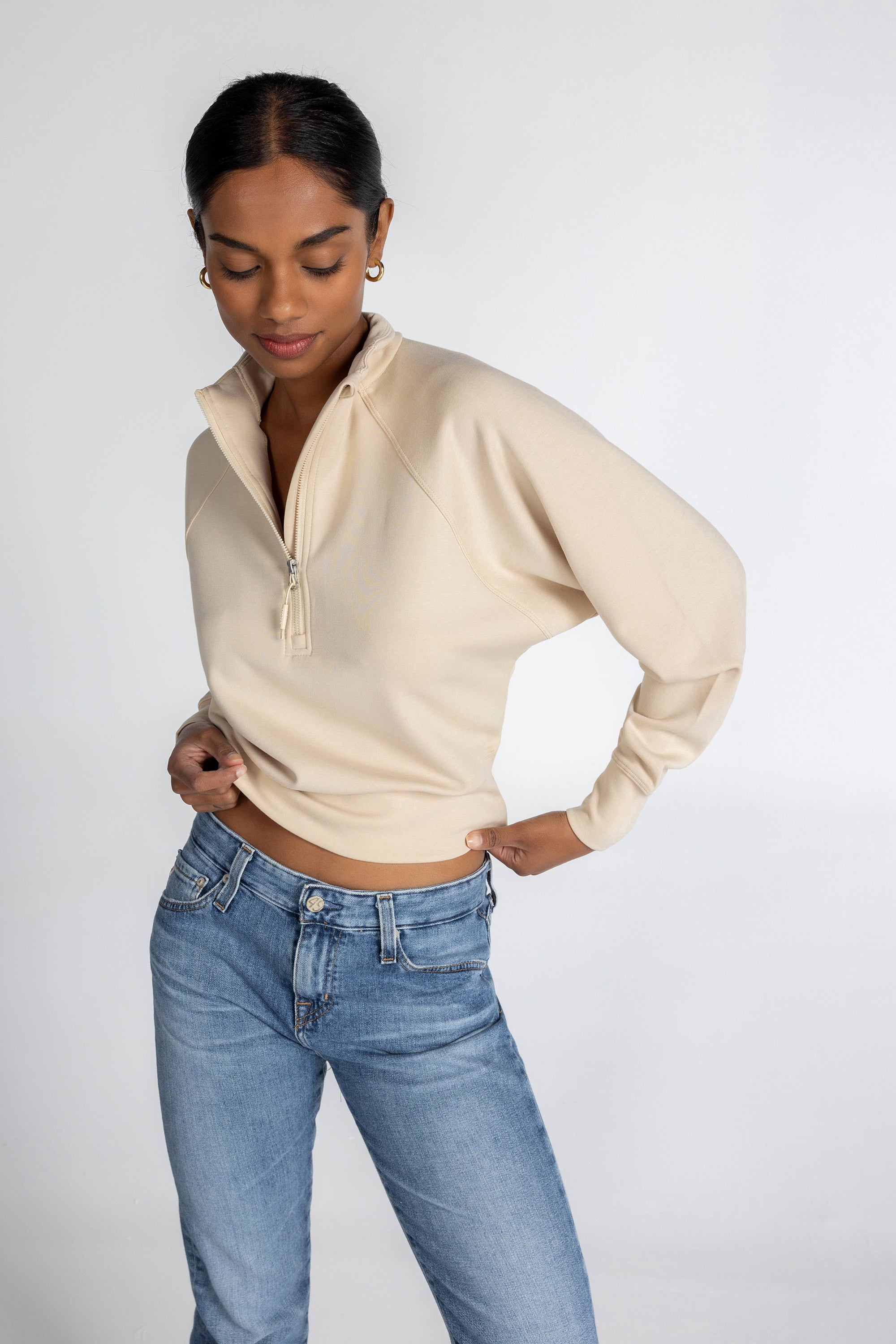 Stretch Knit Mock Neck Half-Zip Long Sleeve Top