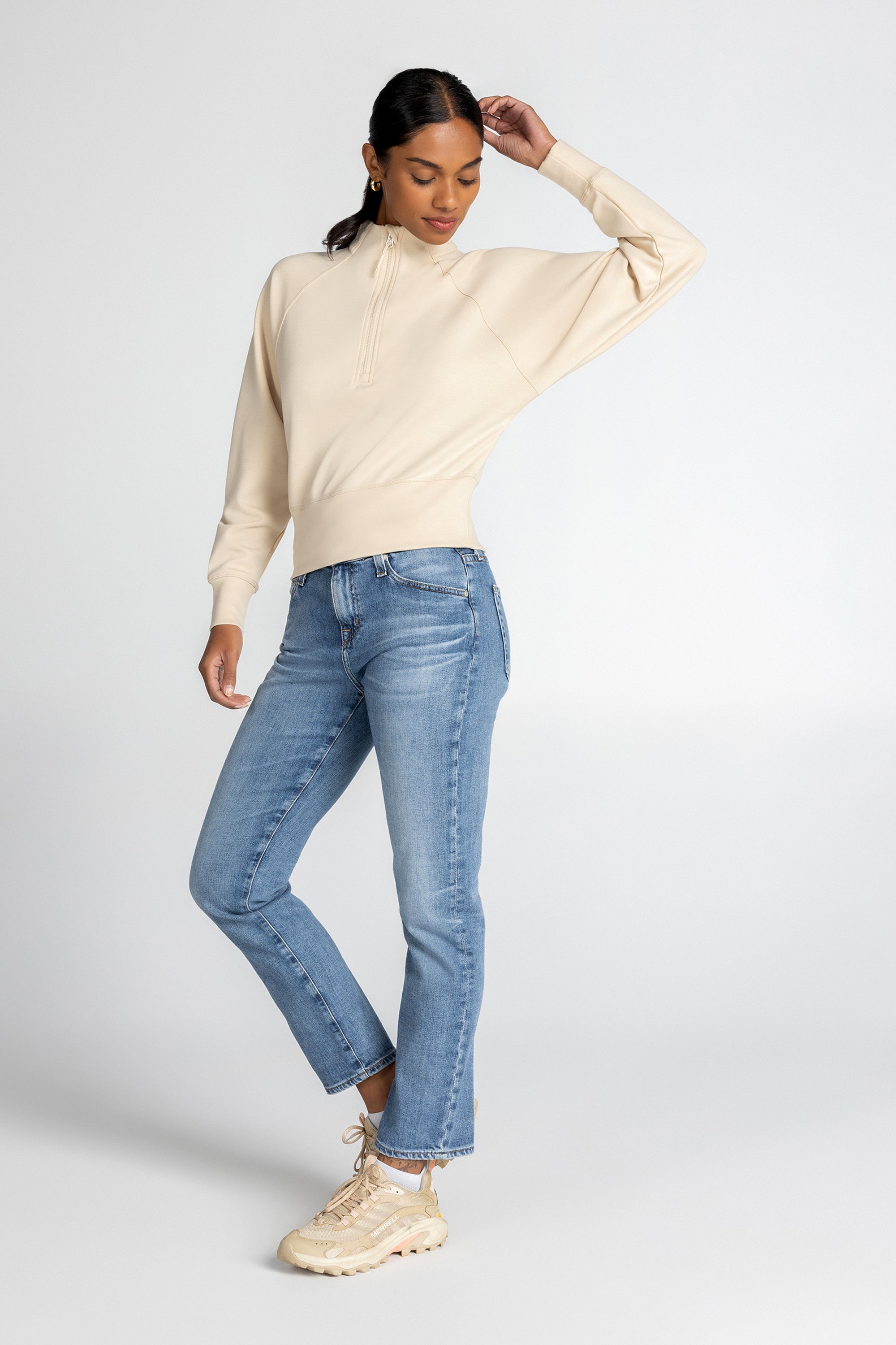 Stretch Knit Mock Neck Half-Zip Long Sleeve Top