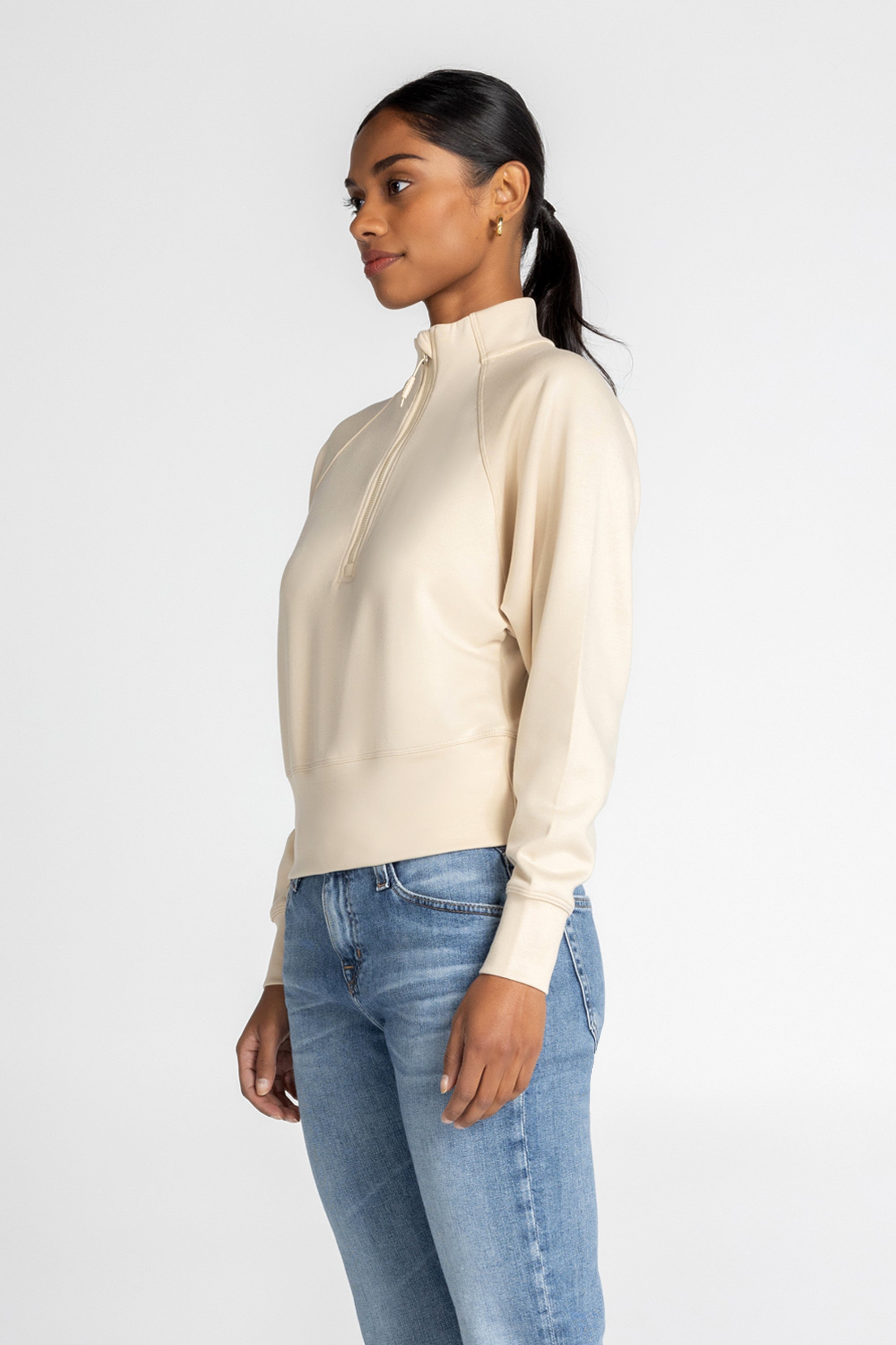 Stretch Knit Mock Neck Half-Zip Long Sleeve Top
